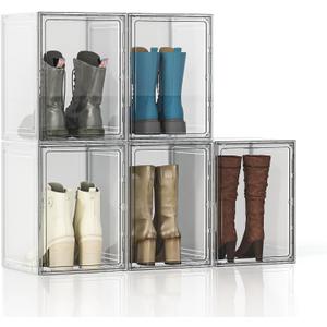 Tall Boot Storage Box 5 Pack Super Large Boot Storage Organizer for Closet, Boots Container Holder Rack, Display Case with Magnetic Door for Shoe, Helmets, Figures, 11x12.6x16.53 inch, White