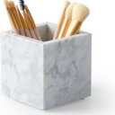 Real Luxurious Natural Marble Toothbrush Holder & Makeup Brush Organizer & Pen Holder for Desk,3.93inch Square Marble Utensil Holder Non-Ceramic/Non-Resin White