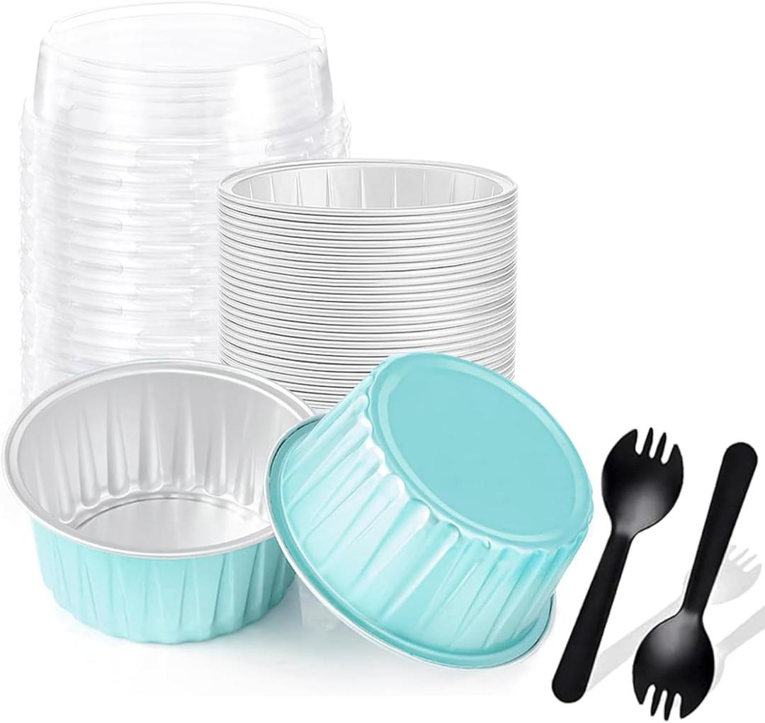 25PCS Round Mini Loaf Pans with Lids,Mini Cake Pans with Lids,Disposable Ramekins Baking Cups Muffin Tins Cupcake Cups for Wedding Birthday Party,5oz (Blue)