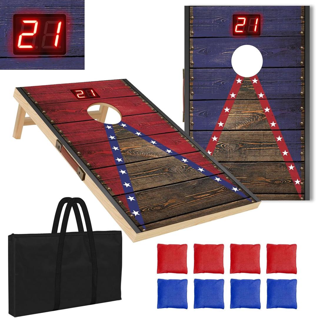 Electronic Cornhole Board Set 4x2ft 3x2ft 2x1ft, Automatic Scoring Corn Hole Games for Adults & Kids, Wooden Portable Cornhole Set with 8 Bean Bags & Carrying Bag for Outdoor, Tailgate, Party