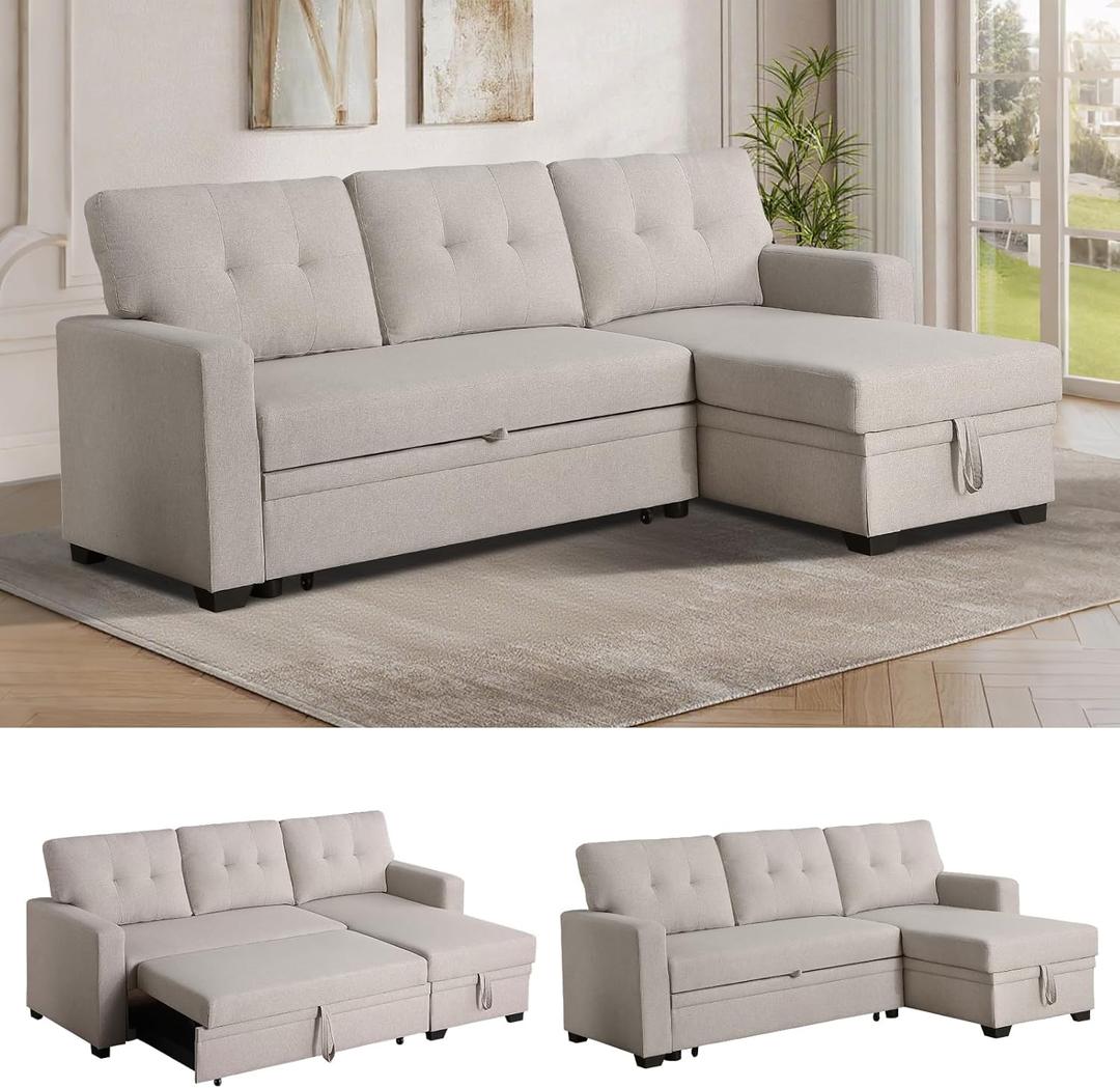 Reversible Sectional Sleeper Sofa with Pull Out Couch Bed, Convertible L-Shaped Sof w/Storage Chaise, Comfy Modular Corner Sofa&Couch, Sofa Cama para Sala for Living Room Apartment Office Furniture