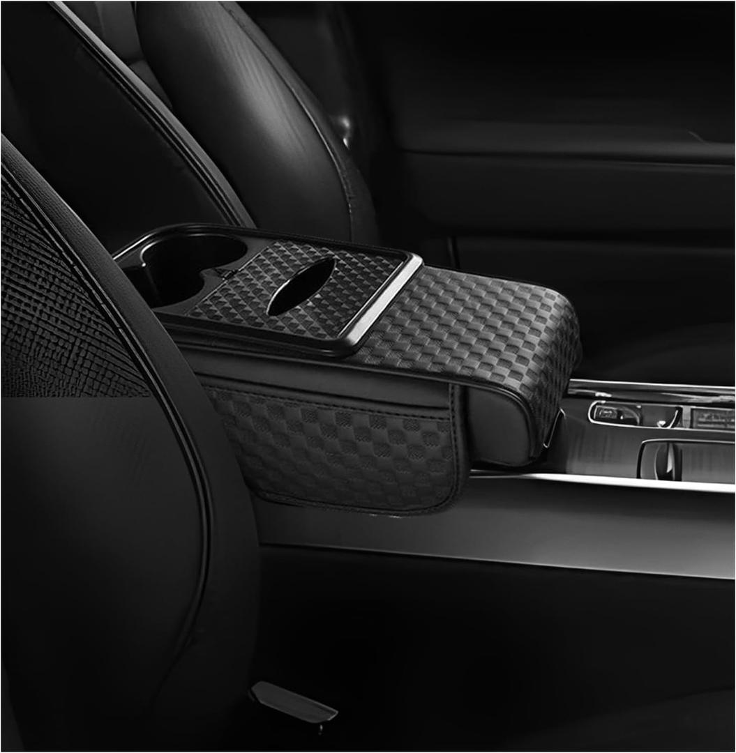 Car Center Console Cover, Ergonomic Leather Armrest Box Cushion with 3.1 Inch Height Boost, Soft Middle Console Pad with Cup Holder & 2 Storage Pockets for Sedan SUV Truck