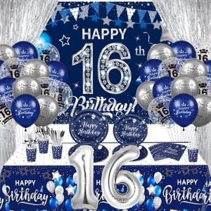 16th Birthday Decorations for Boys Girls, 131PCS Navy Blue Silver 16th Birthday Party Supplies Blue Happy 16th Birthday Banner Balloons Napkins Cups Tablecloth Foil Backdrops for Sweet 16th Birthday