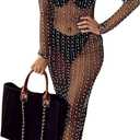 Willow Dance Women's Sheer Mesh Pearl Rhinestone Cover Up Beach Dress Swimwear Bikini Swimsuit Bathing Suit Coverups (Black) Medium