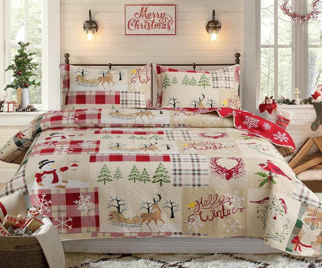 Hailea Christmas Bedspread Coverlet King Size Christmas Quilt Elk Snowman Bedding Set Lightweight Reversible Aqua Beige Red Plaid Quilt Bedspread Xmas Lodge Coverlet Snowflake Elk Xmas Tree Decor