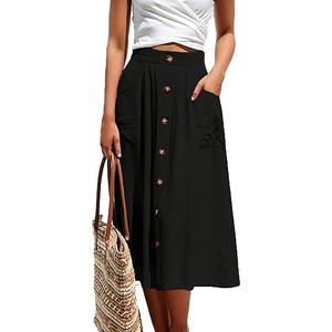 Naggoo Womens Summer Skirts Casual Front Button A-Line High Waisted Midi Skirt with Pockets, Size XL