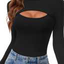 Vrtige Women's Long Sleeve Top Cut Out Front Fitted Sexy Cute Casual Tops Tee Dressy T-Shirt (Black, XL)