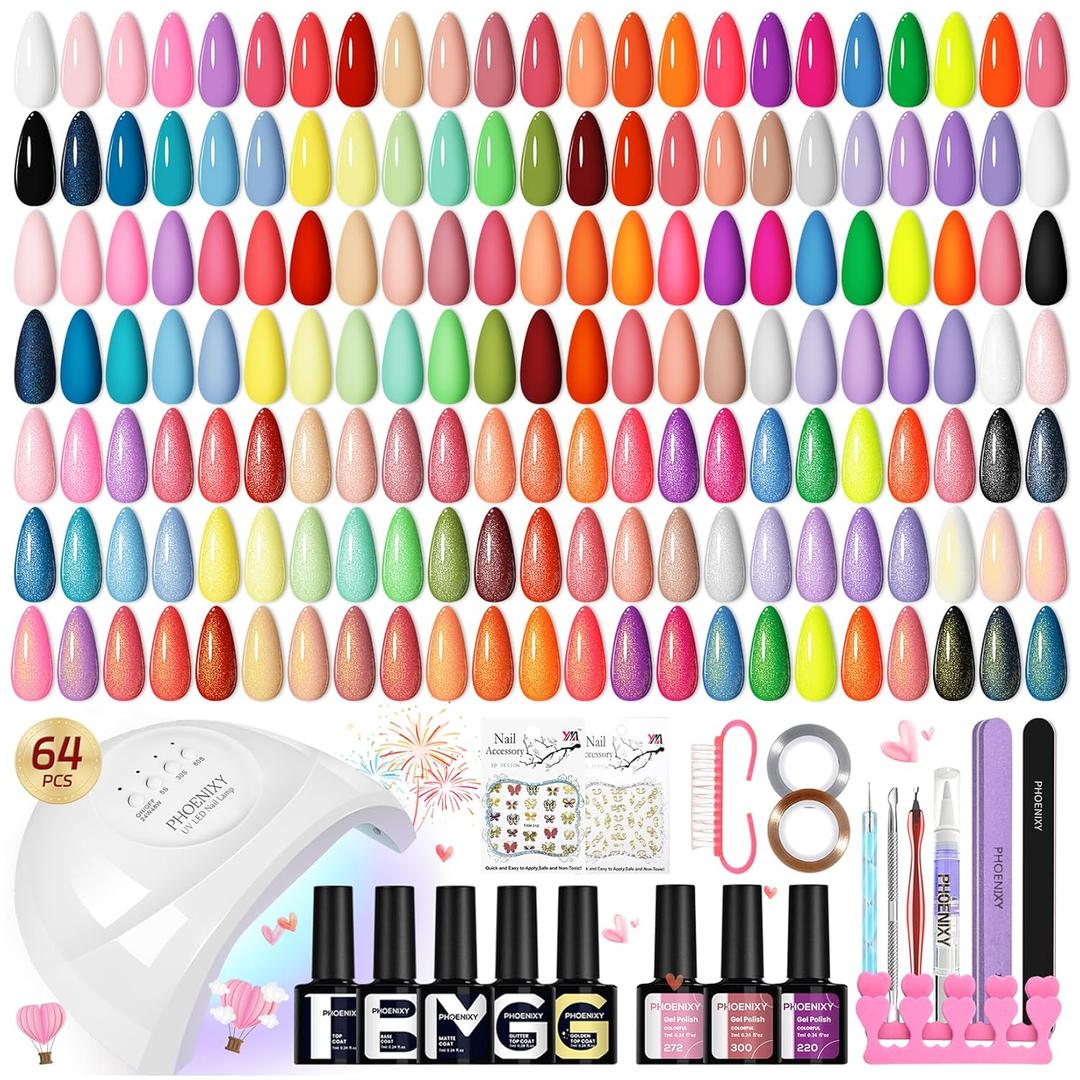phoenixy Gel Nail Polish Kit with U V Light 64 Pcs Gel Polish Nail Set 45 Colors Nail Polish Set with Base and 4 Effects Top Coat Manicure Tools Complete Gel Nail Kit Gift for Women