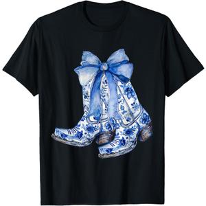Coquette Blue Floral Boots Bow Cowboy Cowgirl T-Shirt (Small, Black)
