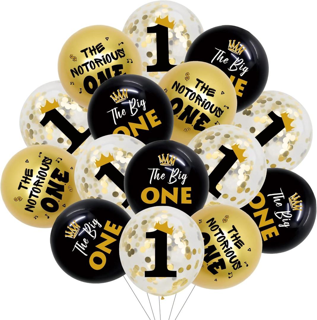 45Pcs The Notorious Birthday Decorations, Black Gold Big One 1st Birthday Balloons Set - Hip Hop Theme First Birthday Party Supplies for One Year Old Boy