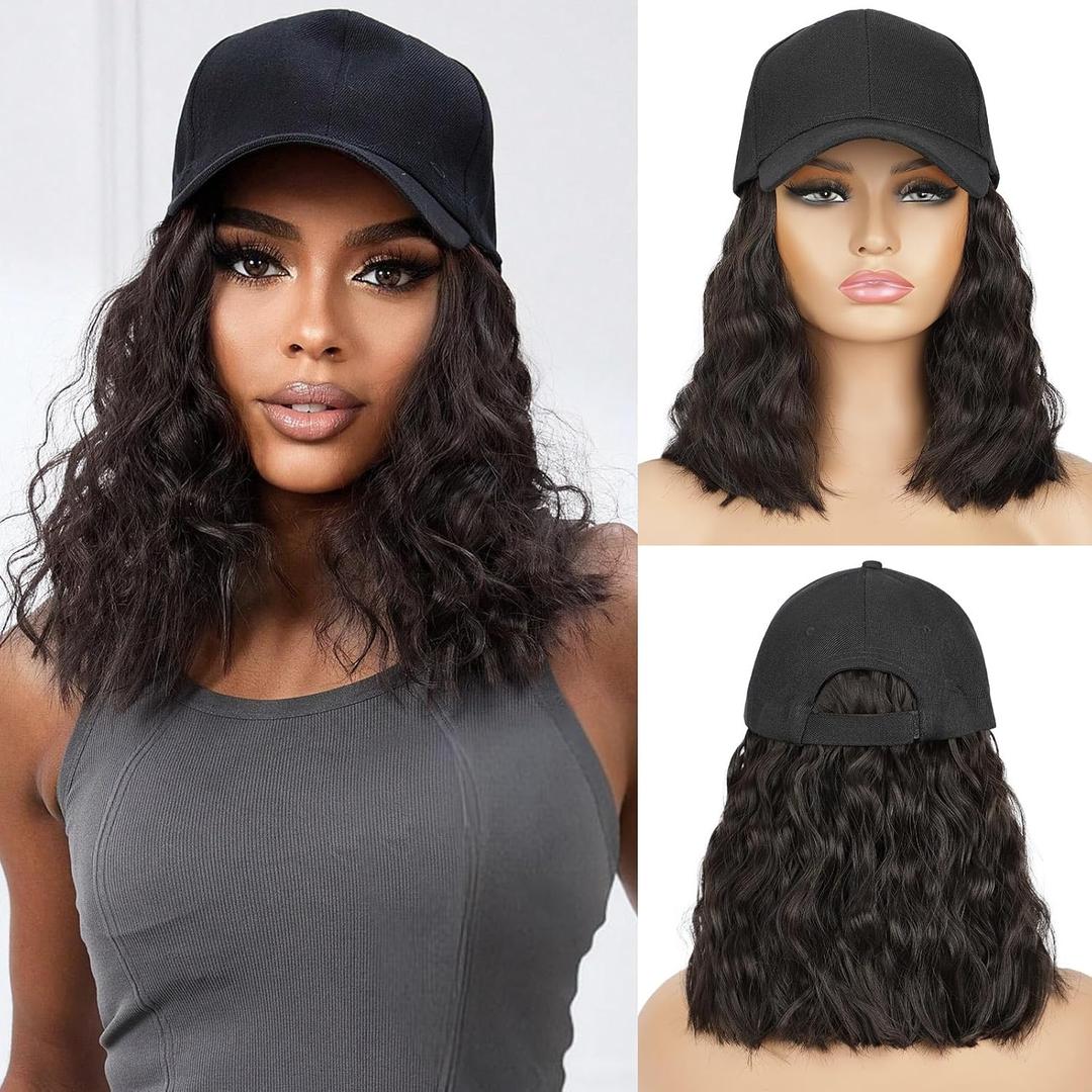 HANYUDIE Hat Wig for Women Wig Cap with Curly Hair Extensions Hat with Hair Wave Adjustable Baseball Cap Wigs (Brown black)