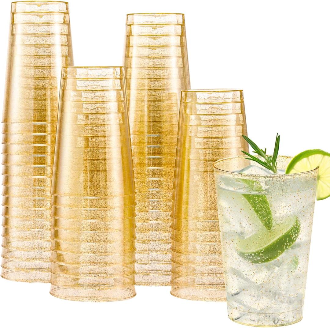 Lamosi 100 Pack 12 oz Gold Plastic Cups, Disposable Gold Glitter Plastic Cups, Fancy Clear Plastic Cocktail Cups for Wedding, Thanksgiving, Christmas, Parties