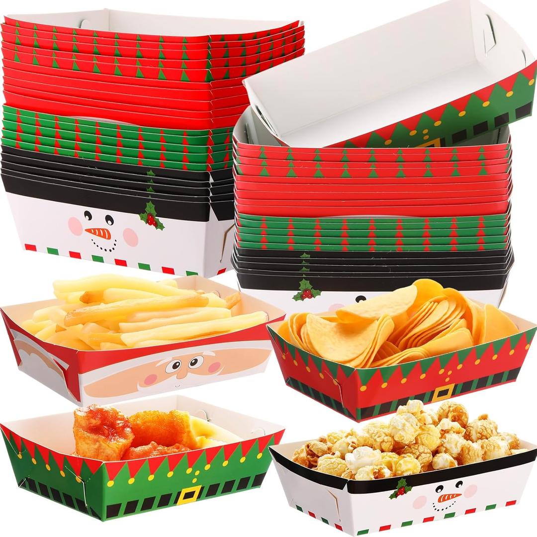 Dunzoom 48 Pcs Christmas Paper Food Trays Plates Disposable Christmas Movie Snack Trays Santa Elf Snowman Red Green Plates Nacho Hot Dog Serving Boat for Xmas Party Supplies Decoration