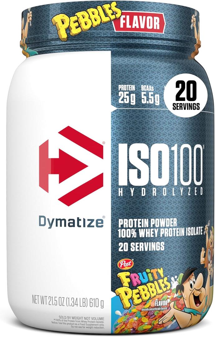 Dymatize x Fruity Pebbles ISO100 Whey Protein Powder Isolate, 25g of Protein, 20 Servings, 5.5g BCAAs, 120 Cal., Gluten Free, 1g Fat, 1g Sugar, 2g Carb (EXP 03/01/28)