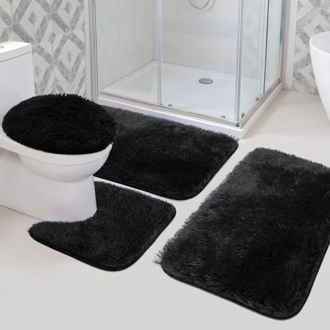 Bathroom Rugs Sets 4 Piece with Toilet Lid Cover Black, 4 Pieces Bath Mats. 2 bath mat ( 20"x32"+16"x24" ), 1 u shaped toilet mat ( 16"x20" ) and 1 toilet lid cover (18"x20" )
