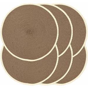 Noctiflorous Braided Round Placemats Set of 6, 15 Inch Woven Table Mats, Non-Slip Washable Thin Edge Place Mats for Kitchen Dining Table Decor (Brown, 6)