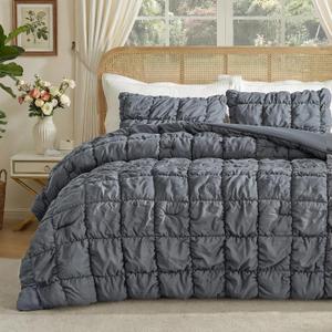 Amlie Home Luxury Queen Comforter Set, Bubble Textured Microfiber Bedding, Oeko-TEX Certified, All-Season Farmhouse Comforter with 2 Pillowcases, Charcoal Grey