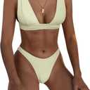 Bathing Suits for Women Deep V Neck Sexy Two Piece Bikini Sets for Women Thong Halter Cheeky Swimsuit (Small, Beige)