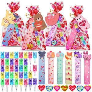 24 Pack Valentines Day Classroom Exchange Gift for Kids with Stationery Set Assorted Valentines Day Cards for Kids School Valentines Party Favors for Class with Goodie Bag and Pencils, Erasers, Rulers