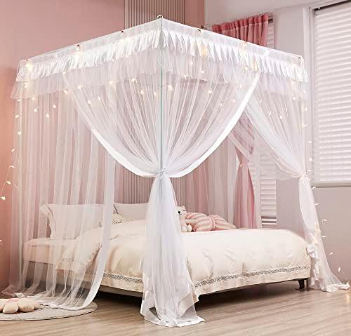Mengersi Princess 4 Corners Post Bed Curtain Canopy Mosquito Net Princess Canopies (White, Full)