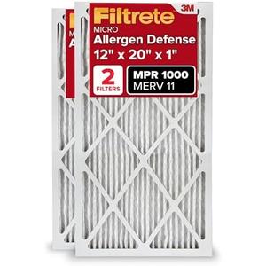 Filtrete 12x20x1 AC Furnace Air Filter, MERV 11, MPR 1000, Micro Allergen Defense, 3-Month Pleated 1-Inch Electrostatic Air Cleaning Filter, 2 Pack (Actual Size 11.81x19.81x0.81 in)