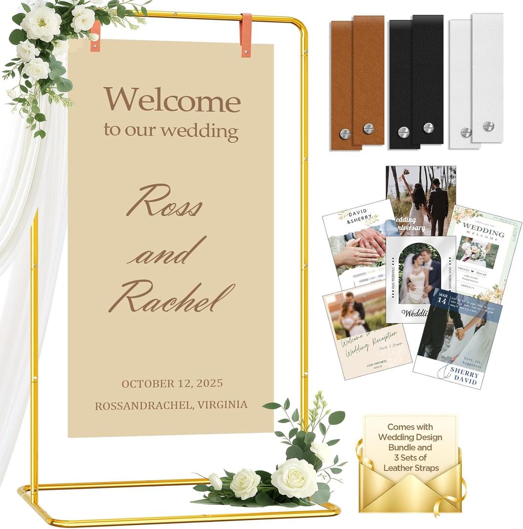 Wedding Sign Holder Adjustable up to 5.7 FT Tall - Welcome to Our Wedding Sign Stand with Design Bundle, Hanging Straps & Water Bags, Seating Chart Display, Metal Easel for Baby Shower & Party - Gold