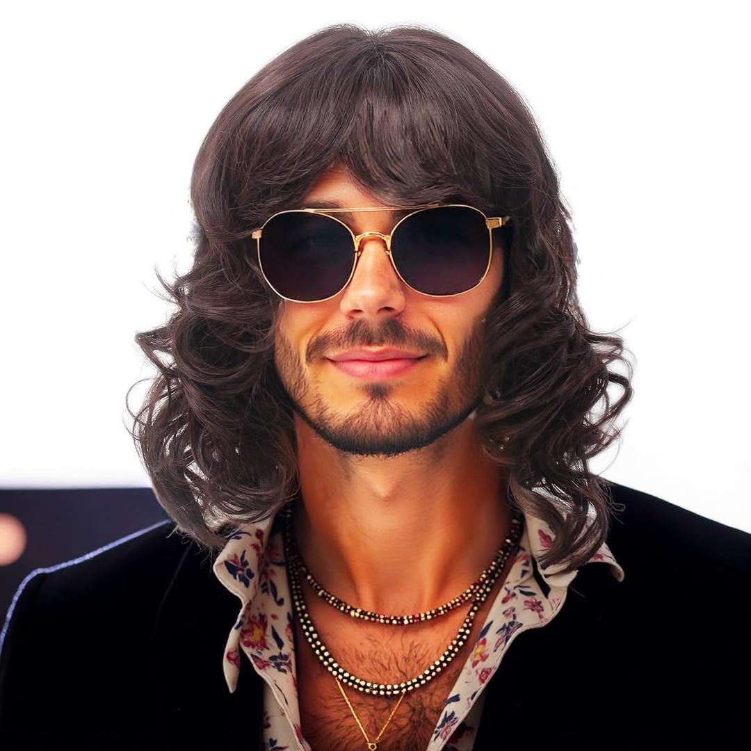 Brown Mullet Wig with Bangs 70s Disco Party Mens Wig Long Curly Men Wigs for Man Male Hippie Rocking 80s Them Party Cosplay Costume Anime Heat Resistant Synthetic Hair Wig With Cap