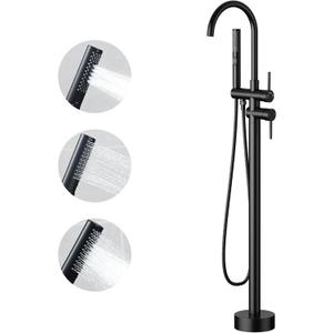 Free Standing Bathtub Faucet Set: SR SUN RISE Floor Mount Tub Filler with 3-Function Handheld Shower Head, Matte Black High Flow Brass Freestanding Shower Faucet