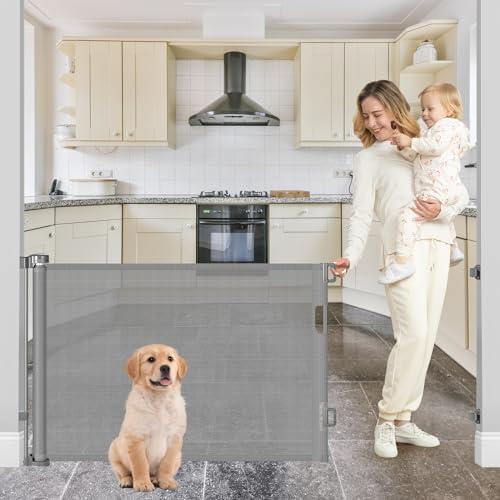 BETERTEK 80 Inch Wide Retractable Baby Gates for Dogs Indoor, Anti-Scratch Mesh Pet Gate for Doorways, 33” Tall Retractable Outdoor Gate for Decks, Anti-Climb Safety Mesh Gates for Kids or Pets, Gray (2 pack)