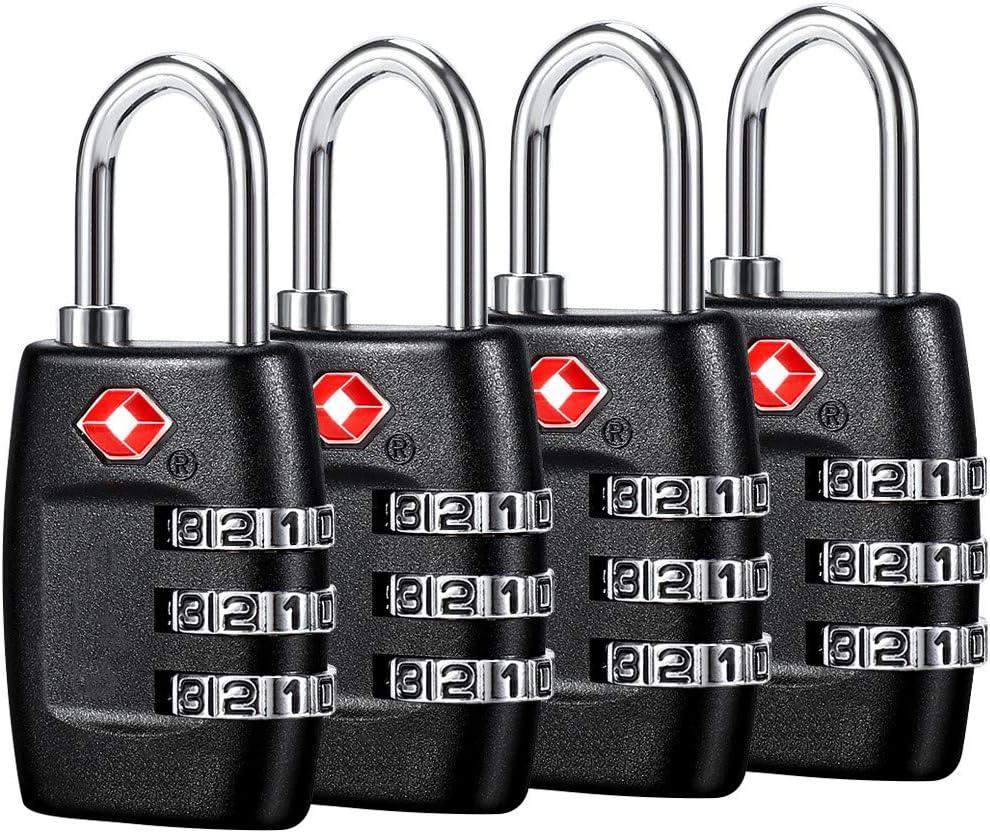 TSA Luggage Locks (4Pack) - 3 Digit Combination Padlocks - Approved Travel Lock for Suitcases & Baggage (Black)