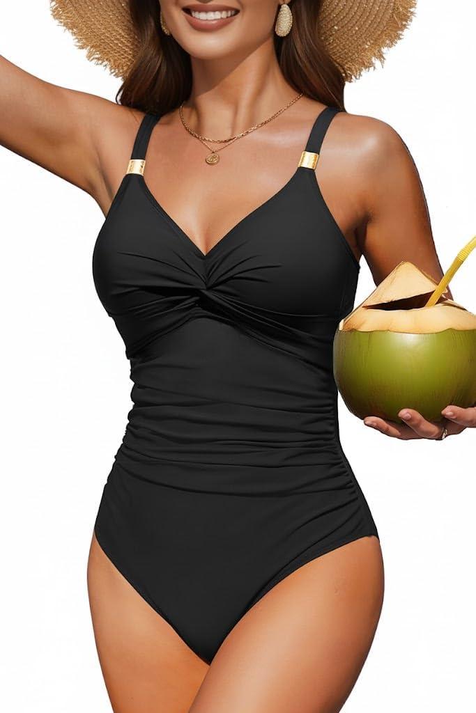 Daci Women's One Piece Swimsuit Tummy Control Bathing Suit Gold Metal Full Coverage Slimming Swimwear 2025 (X-Large, Black)