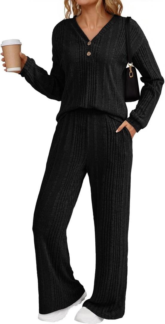 Dokotoo 2 Piece Lounge Sets for Women Ribbed Knit Button V Neck Long Sleeve Tops Matching Pants Pajamas Set 2025 Fall Outfits (Medium, Black)