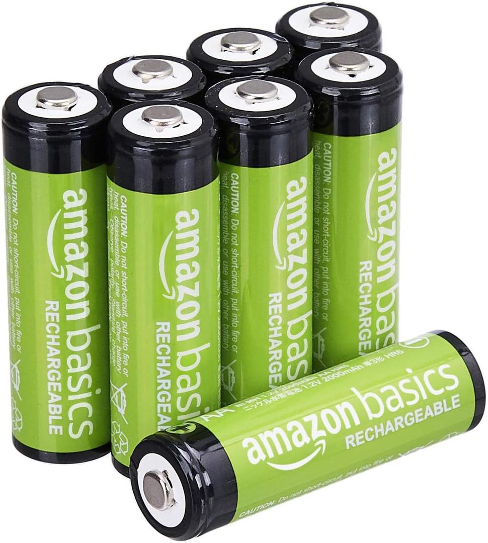 Amazon Basics Rechargeable AA Batteries, 8-Count, 2000 mAh, NiMH, Recharge up to 1000x Times, Pre-Charged