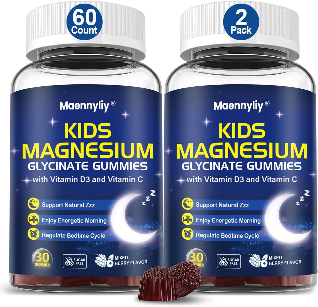 Magnesium Glycinate Gummies for Kids- Magnesium Glycinate 50mg Supplement with D3 & C - Sugar-Free, Mixed Berry Flavor, Vegan, 60 Gummies