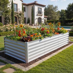 YITAHOME 8x4x2 ft Galvanized Raised Garden Bed Kit, Large Metal Planter Box with Gloves, Safety Rubber & Support Rod, Outdoor Flower Bed for Plants Vegetables, Silver