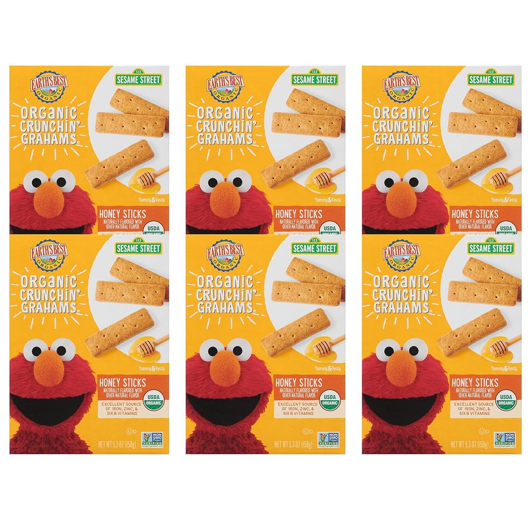 Earth's Best Organic Kids Snacks, Sesame Street Toddler Snacks, Organic Crunchin' Grahams for Toddlers 2 Years and Older, Honey Sticks with other Natural Flavors, 5.3 oz Box (Pack of 6) (EXP 06/27/26)
