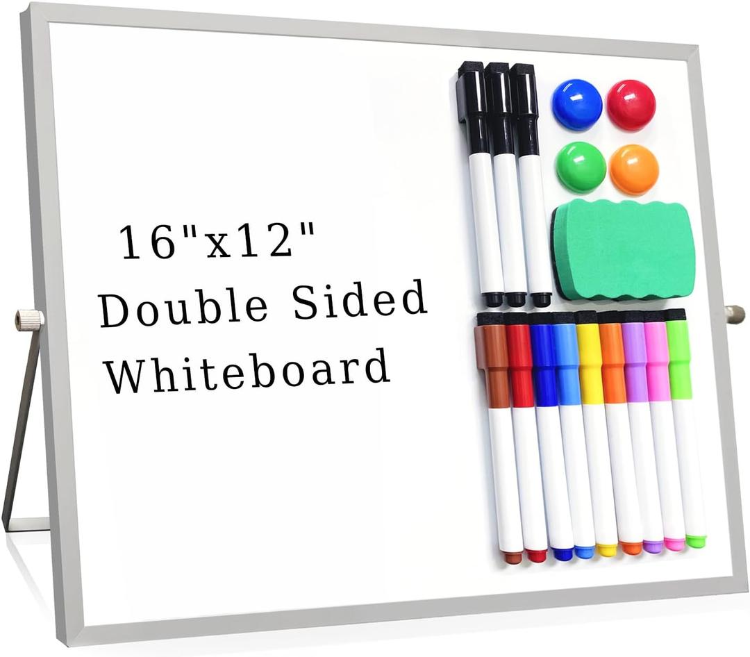 Dry Erase White Board, 16 x 12 Inch Large Magnetic Desktop Whiteboard with Stand, Double Sided Portable White Board with 12 Markers, 4 Magnets,1 Eraser for Kids, Office, Home