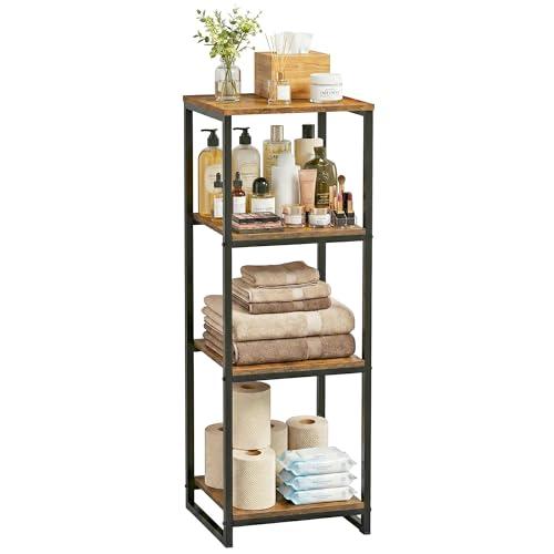 FONHAYE 4-Tier Bathroom Shelving Unit, 33.7" H Narrow Open Floor Shelves, Metal Corner Slim Storage Rack for Bathroom Laundry Room Kitchen Living Room, Rustic Brown