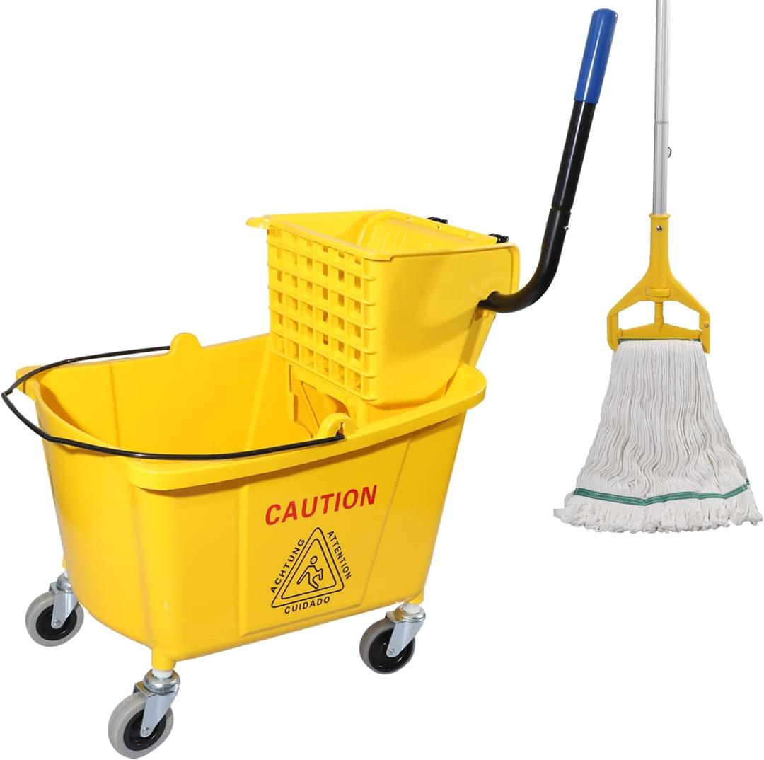 Midoneat Commercial Mop Bucket with Side Press Wringer on Wheels, 35Qt,Yellow Including One Commercial Mop