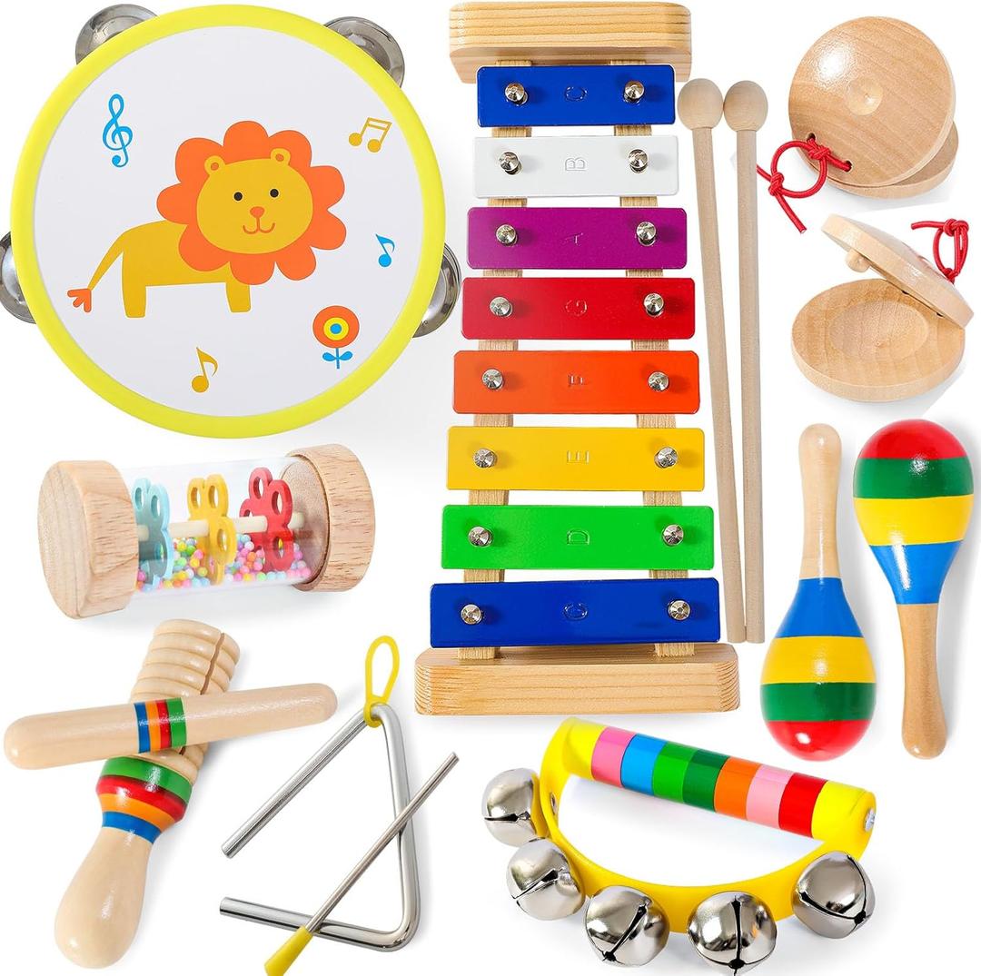 Baby Musical Instruments  Xylophone for Toddlers 1-3, Toddler Gifts Wooden Rainbow Colors Kids Montessori Musical Instruments Set with Tambourine for Baby Girls Boys Birthday Gifts