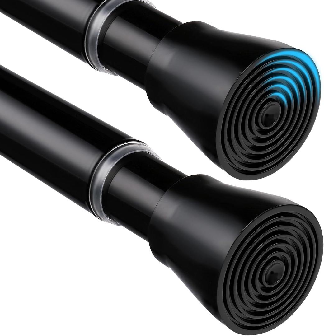 MEXAU 2 Pack Black Shower Curtain Rod 45 To 77 Inch Tension Shower Rod For Bathroom 7/8" Adjustable Spring Curtain Rod No Drilling Black Spring Rod Tension Curtain Rods for Windows Doorway Closet