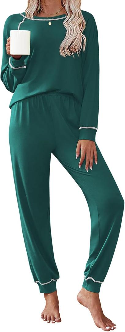 Ekouaer Pajamas Set for Women Soft Comfy Pjs Sets Long Sleeve Sleepwear Loungewear L (Dark Green)