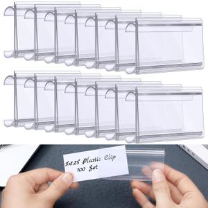 Kathfly 100 Pcs Plastic Wire Shelf Label Holder, Sign and Ticket Holder Clips with Paper Insert Area 3"x1.25" Compatible with Metro 1-1/4 Inch Shelves, Label Inserts Included