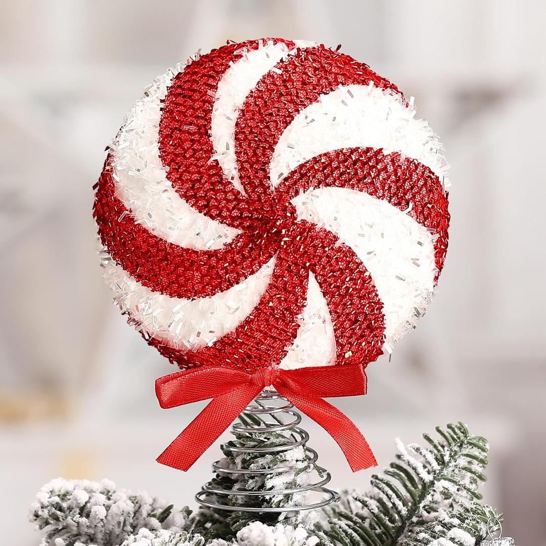 Mini Christmas Candy Tree Topper 6.3 x 4 x 1.6 Inch Peppermint Tree Topper Swirl Christmas Ornament Glitter Cane Xmas Decoration for Holiday Party Festive Home Decor(Candy)
