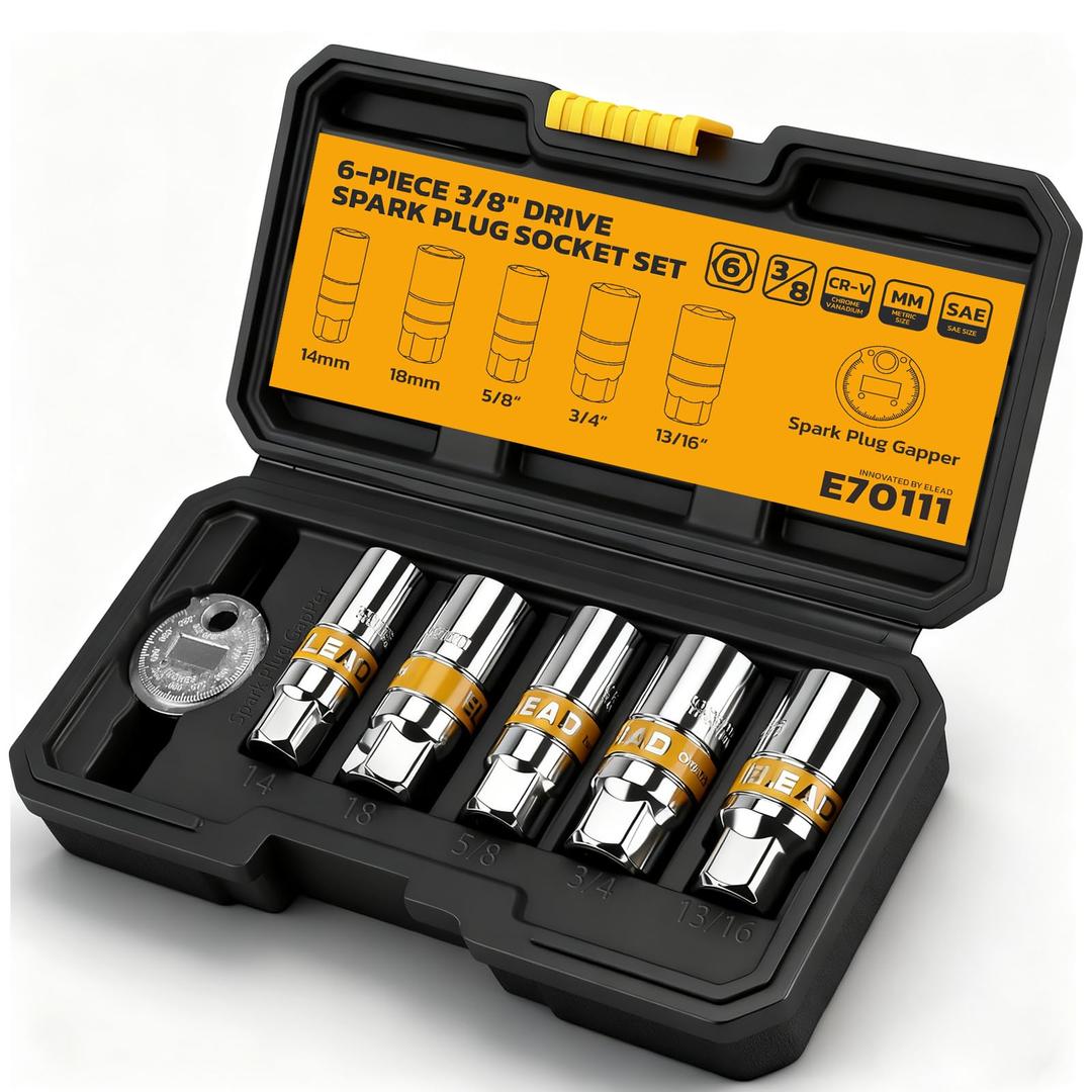 ELEAD 6-Piece 3/8" Drive Spark Plug Socket Set with Spark Plug Gapper, SAE & Metric, 5/8", 3/4", 13/16", 14mm, 18mm, CR-V Sockets with Rubber Holding Rings