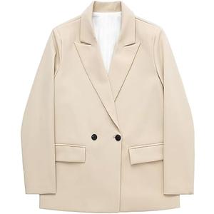 Women with Pockets Solid Double Breasted Blazer Lady Long Sleeves Notched Neck Outwerwear, Size Medium
