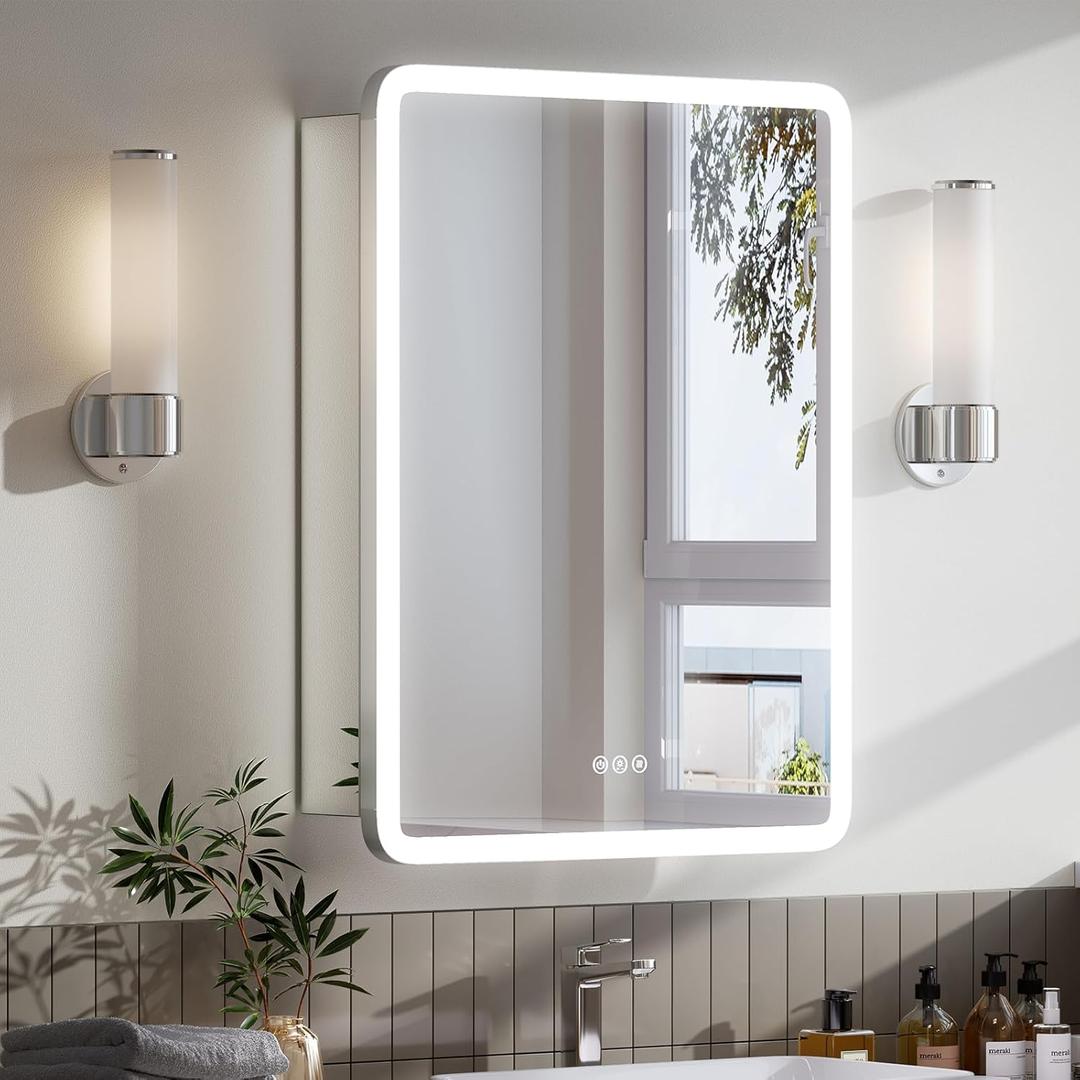 16x24 Medicine Cabinet with Lights (Left-Hinged), AL Alloy Frame, Recessed or Surface, Plug-in or Hardwired, 2 Outlets +1 USB +1 Type-C, 3 Colors/Dimmable/Inner Sensor Light/Defog, 1 Shelf