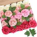 AmyHomie Artificial Flower Dark Red Rose 25pcs Real Looking Fake Roses w/Stem for DIY Wedding Bouquets Centerpieces Arrangements Party Baby Shower Home Decorations