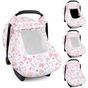 Baby Car Seat Cover Winter, Windproof Carseat Covers for Newborn with 2 Layers Window, Pink Flowers Infant Car Seat Canopy for Girls with Minky Dot Backing, Keeps Babies Warm and Cozy