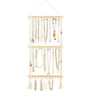 Dahey Hanging Jewelry Organizer Macrame Necklace Holder with 30 Hooks Wall Mounted Jewelry Hanger Over Door Necklace Rack with Tassel for Necklace Bracelet Earring Headband Bow Organizer